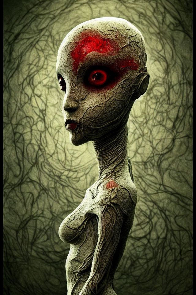 Humanoid Alien with Large Red Eyes and Forehead Mark on Dark Background