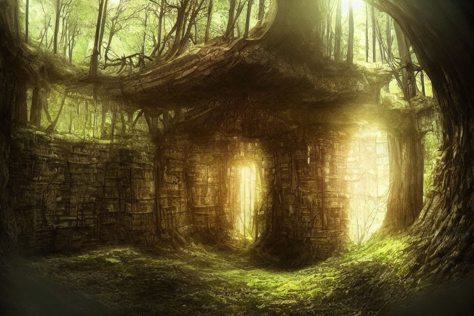 Sunlit Enchanted Forest Scene: Ancient Ruins & Archways in Mysterious Setting