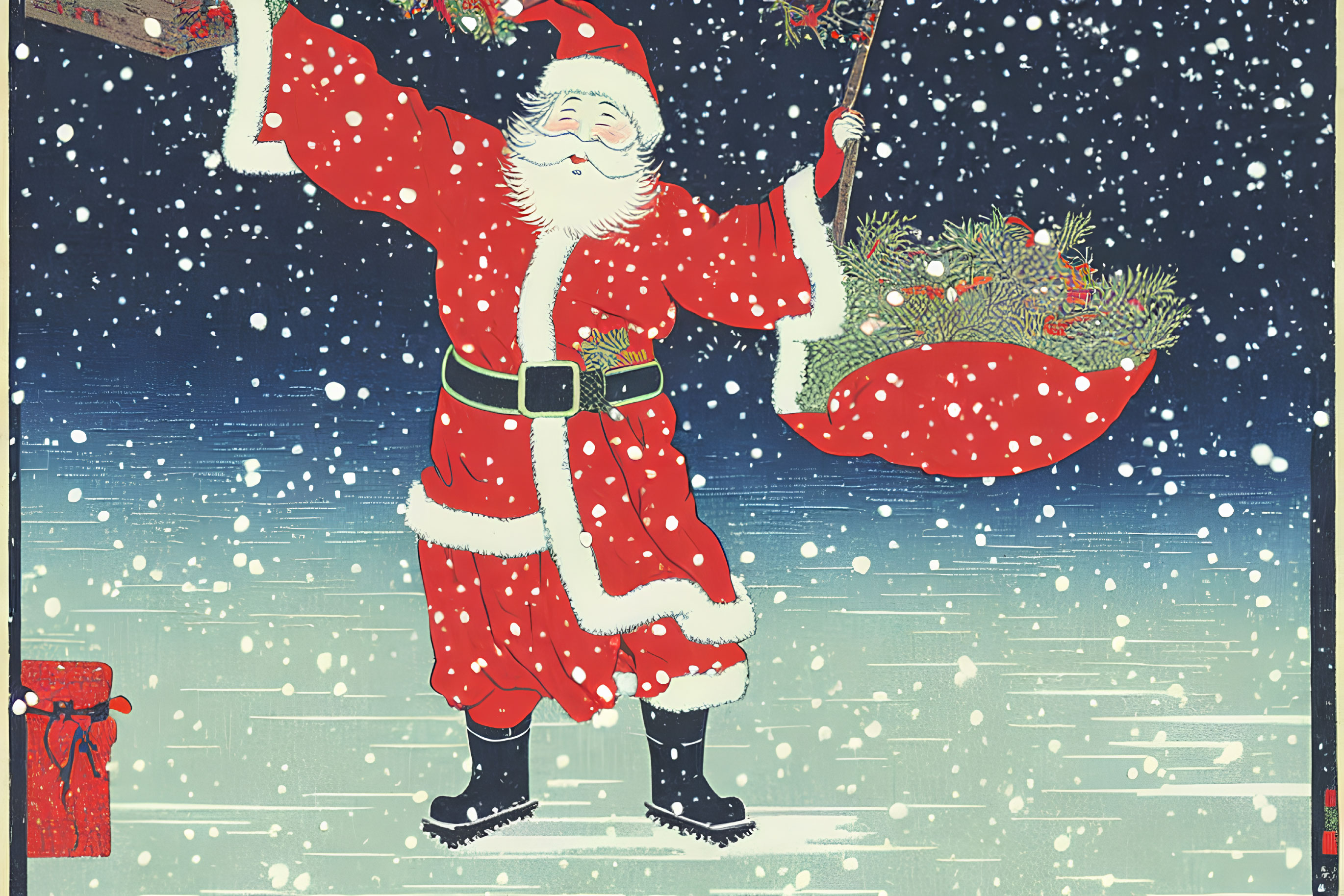 Cheerful Santa Claus in Red Suit with Presents in Snowfall