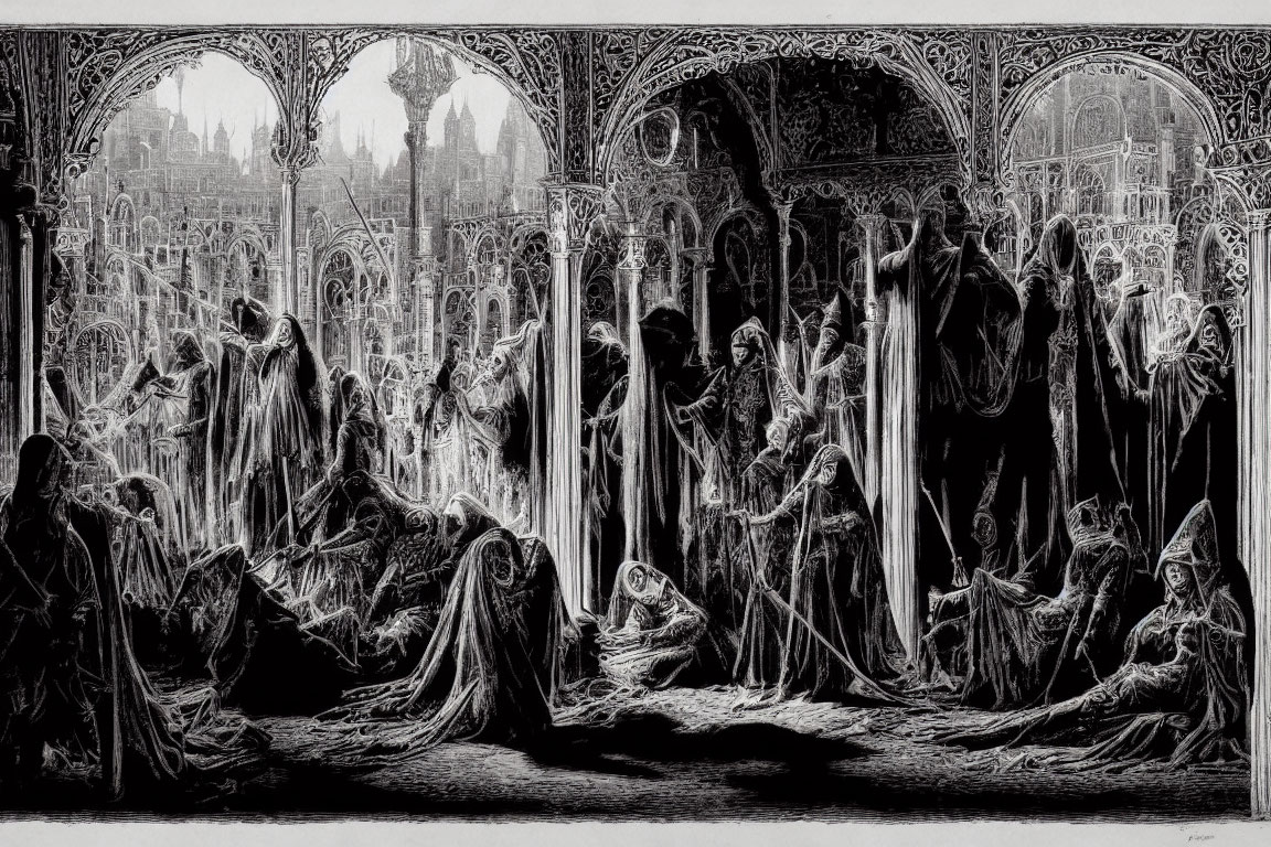 Monochrome gothic cathedral art with robed figures