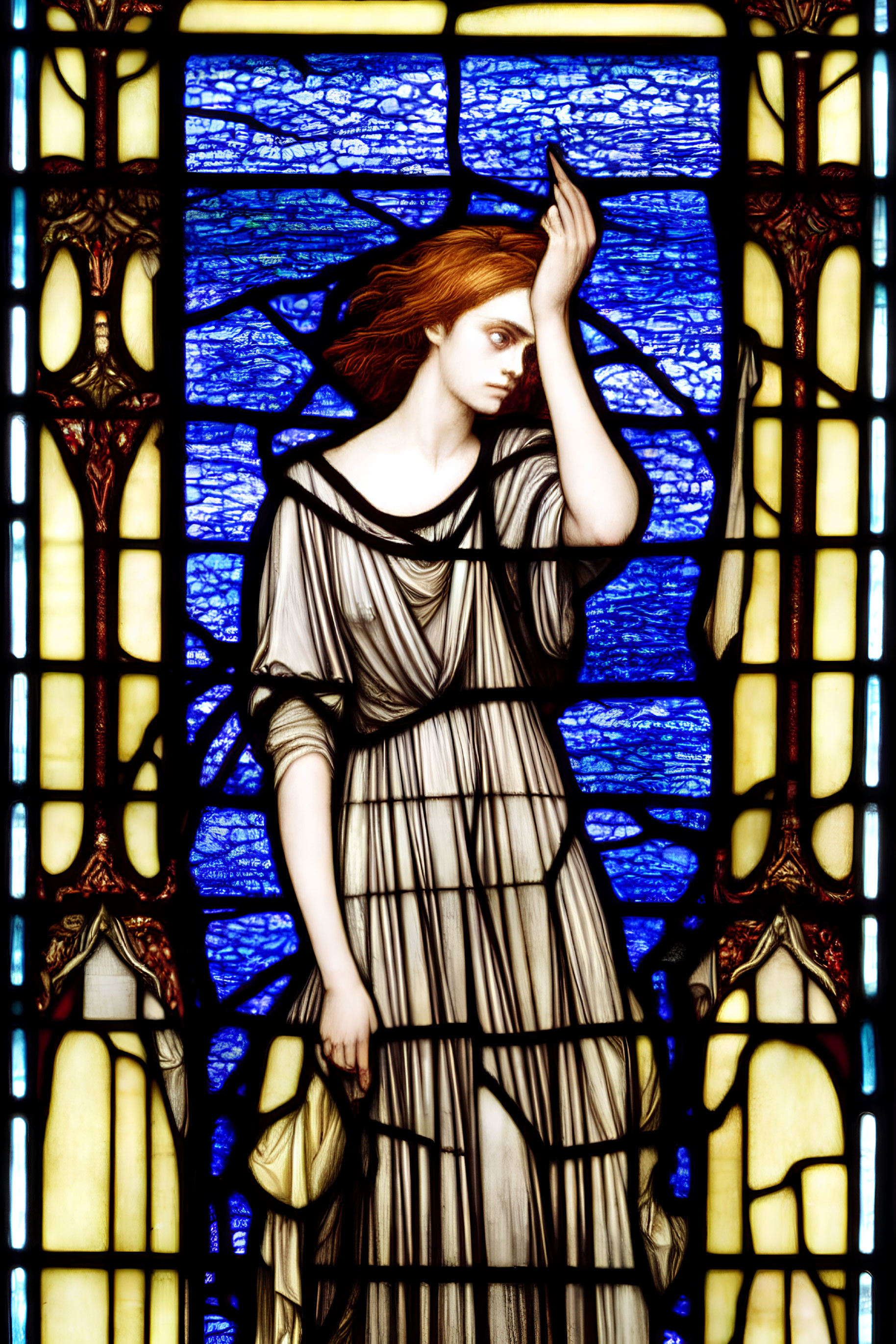 Stained Glass Artwork: Woman in Auburn Hair, Classical Robes on Blue Background