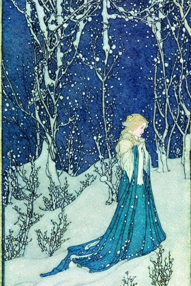 Woman in Blue Dress and Fur Cape in Snowy Forest Night Scene