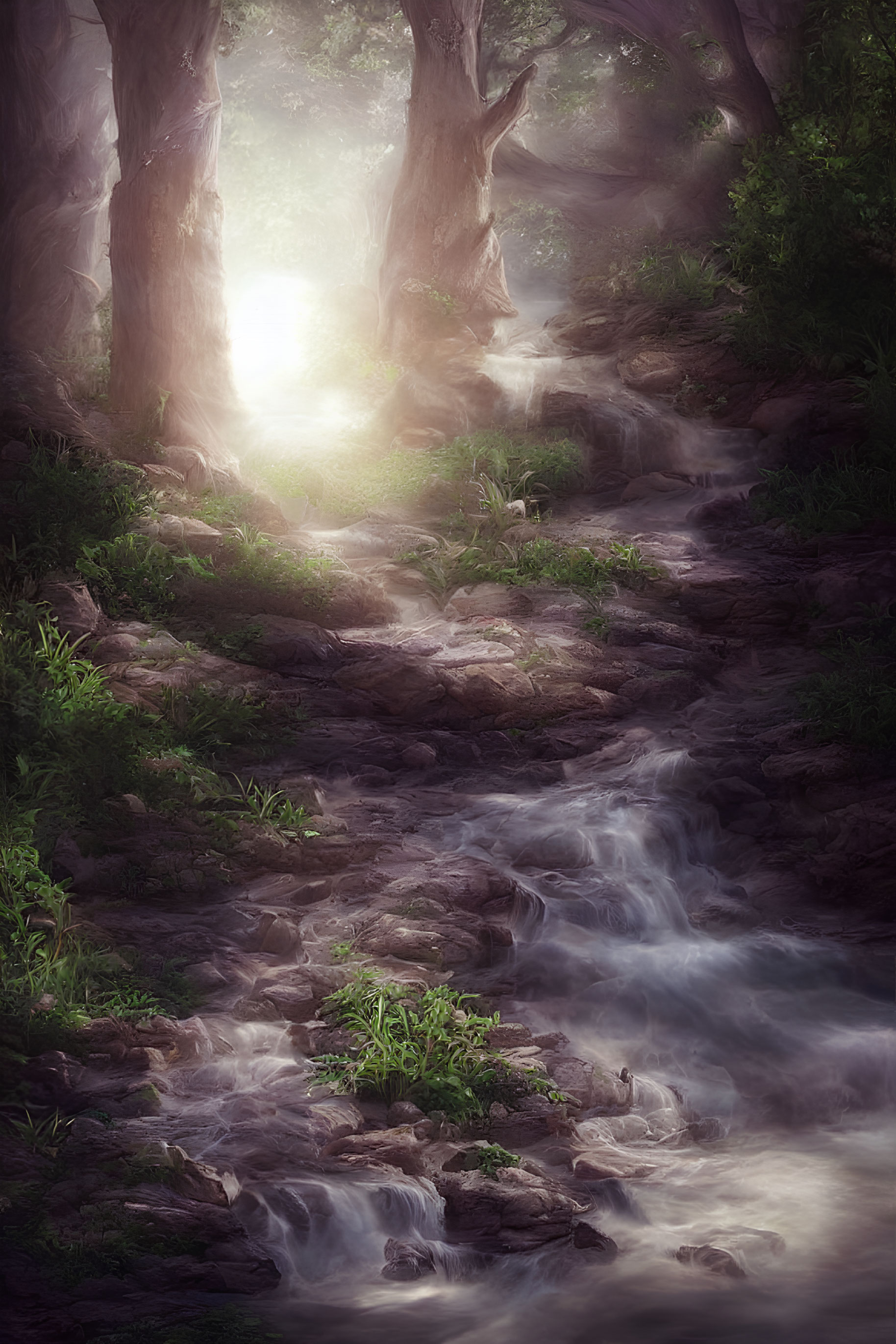 Tranquil forest scene with sunlight, stream, and lush foliage