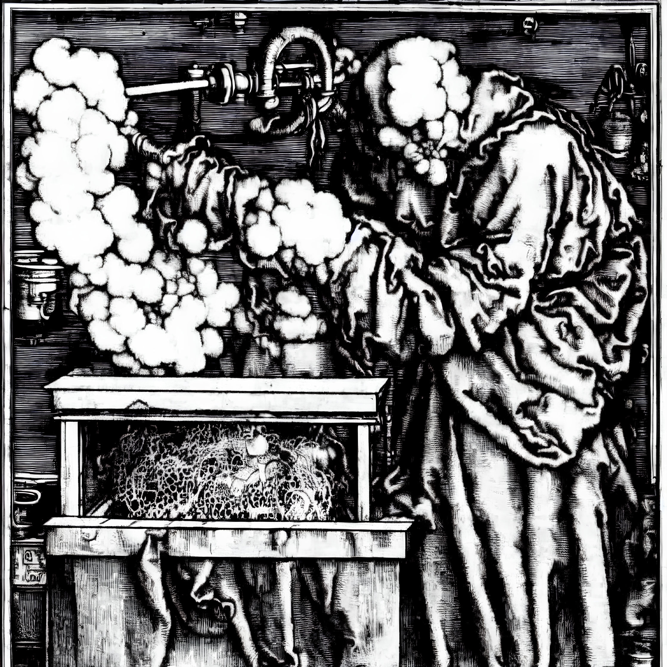 Detailed Engraved Illustration of Person Conducting Experiment with Smoke and Vapor