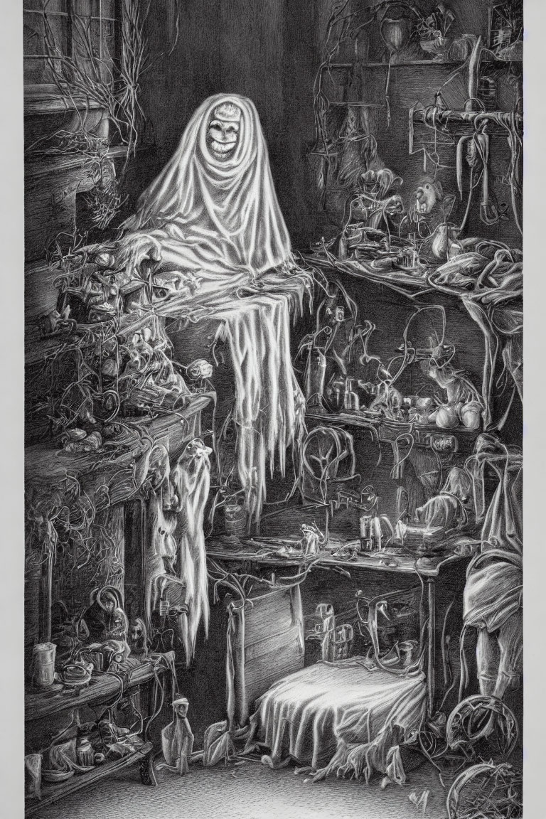 Detailed pencil drawing of ghostly figure in eerie cluttered room