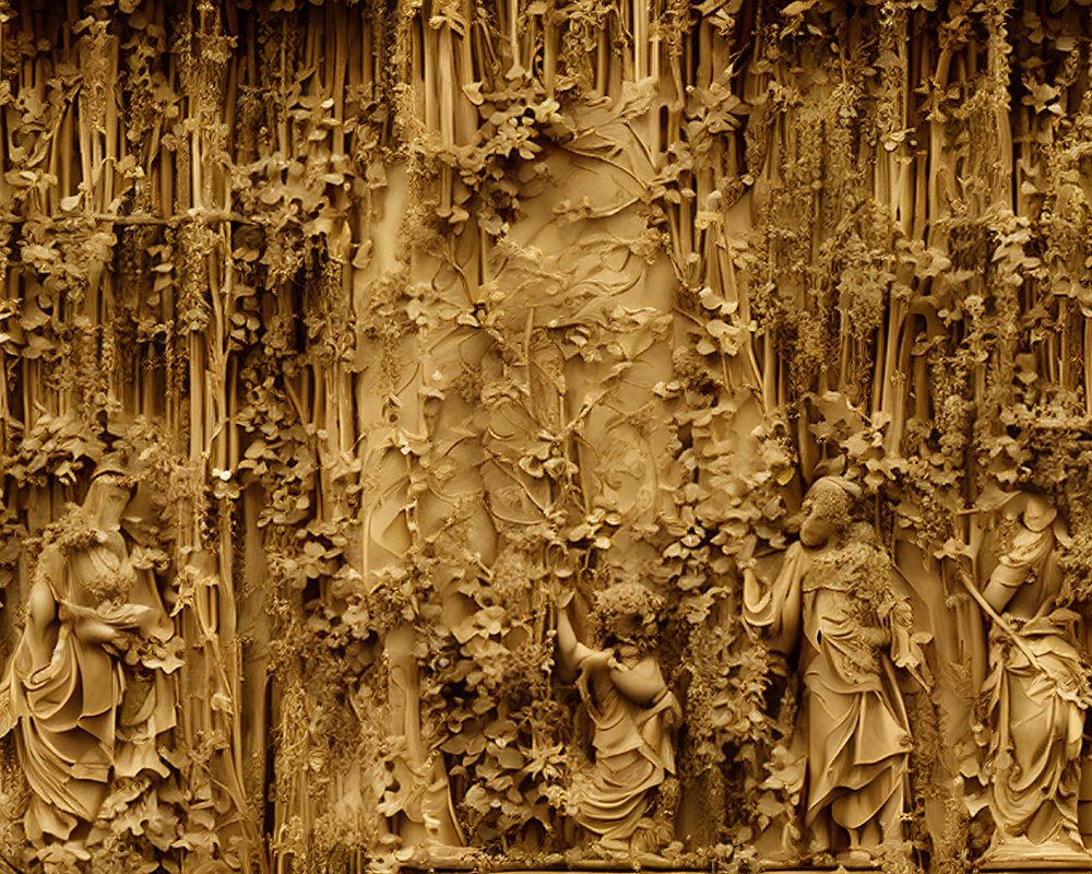 Intricate Nature-Inspired Golden Relief Panel