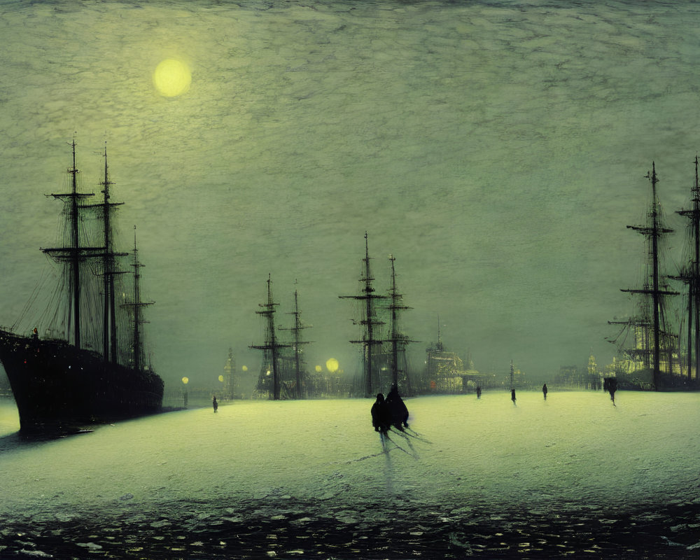 Snow-covered harbor at night with tall ships and glowing orbs under green sky