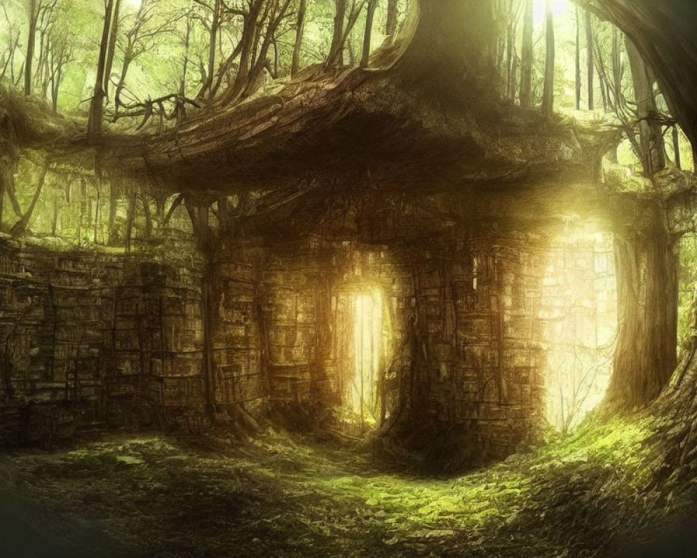 Sunlit Enchanted Forest Scene: Ancient Ruins & Archways in Mysterious Setting