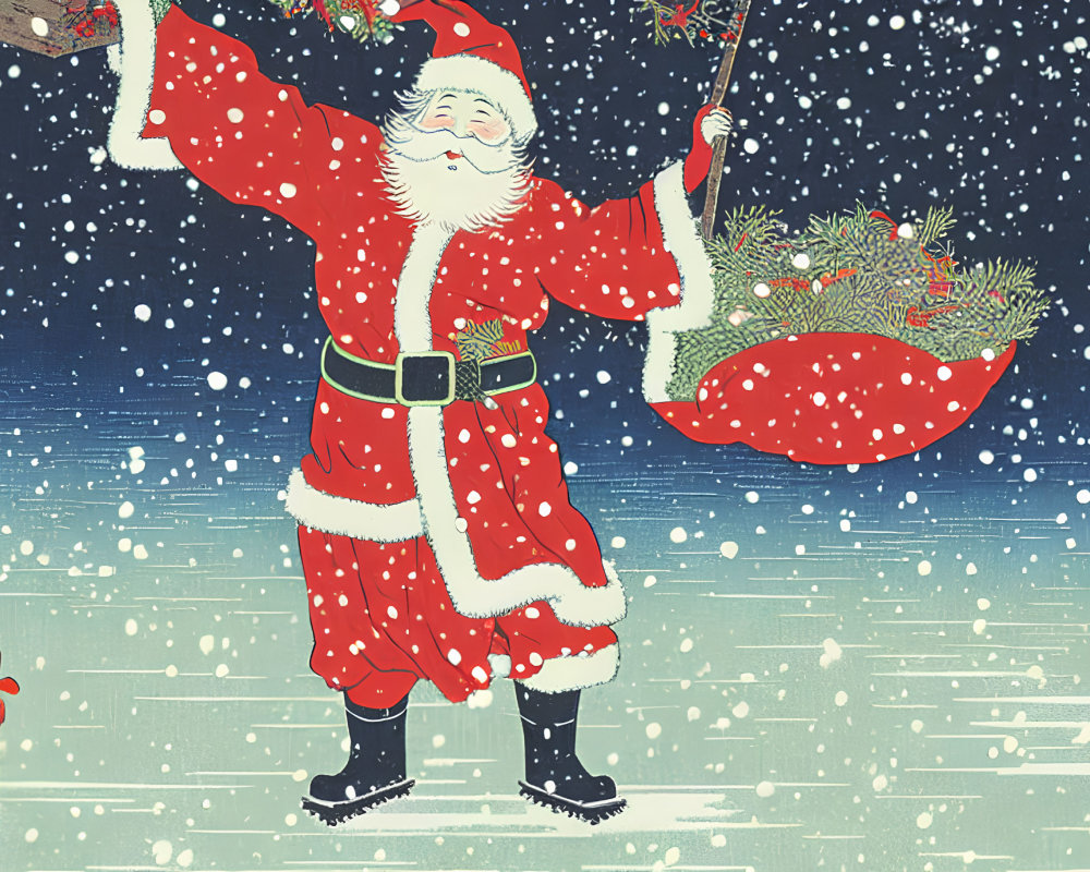 Cheerful Santa Claus in Red Suit with Presents in Snowfall