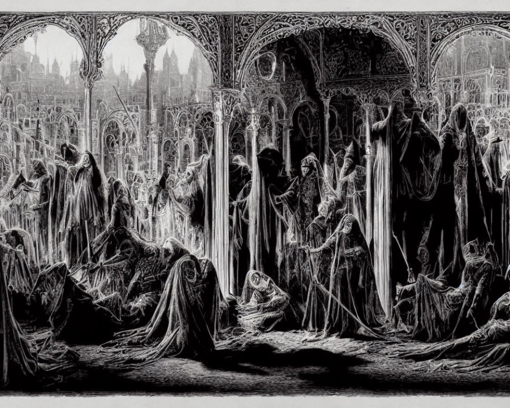 Monochrome gothic cathedral art with robed figures