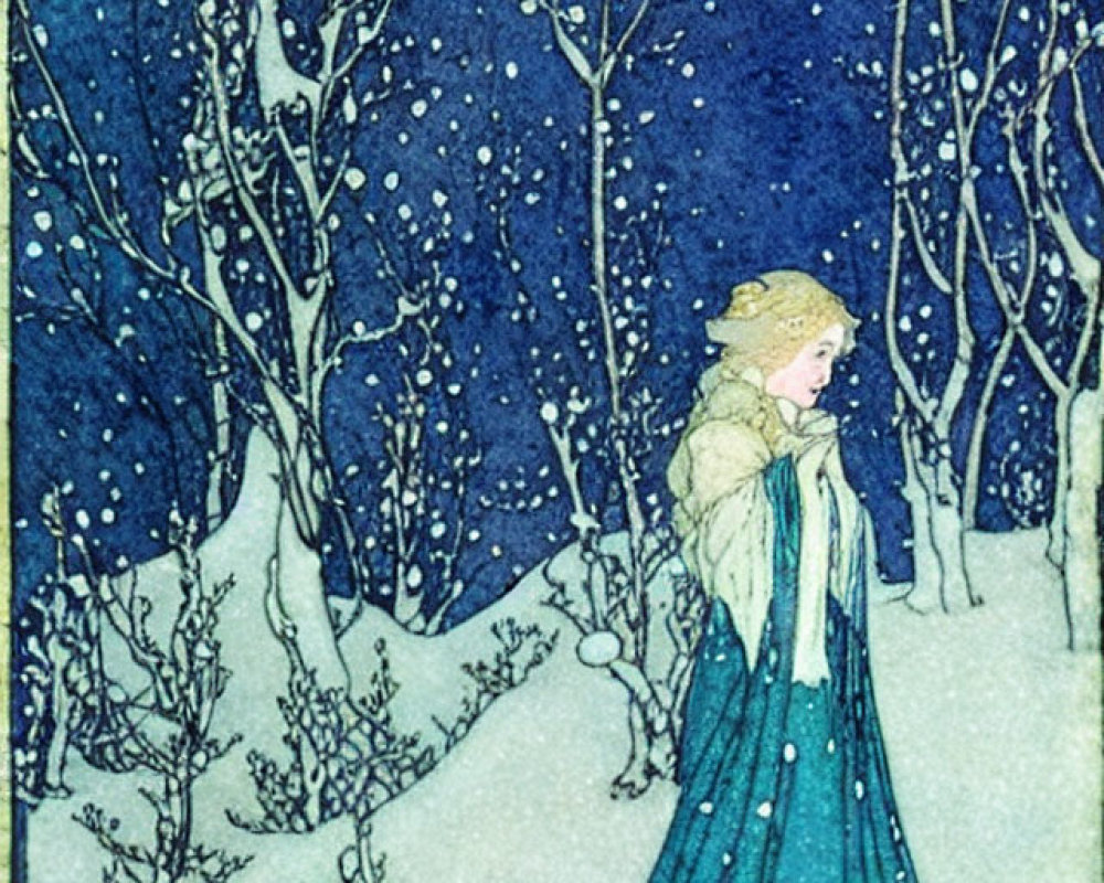 Woman in Blue Dress and Fur Cape in Snowy Forest Night Scene