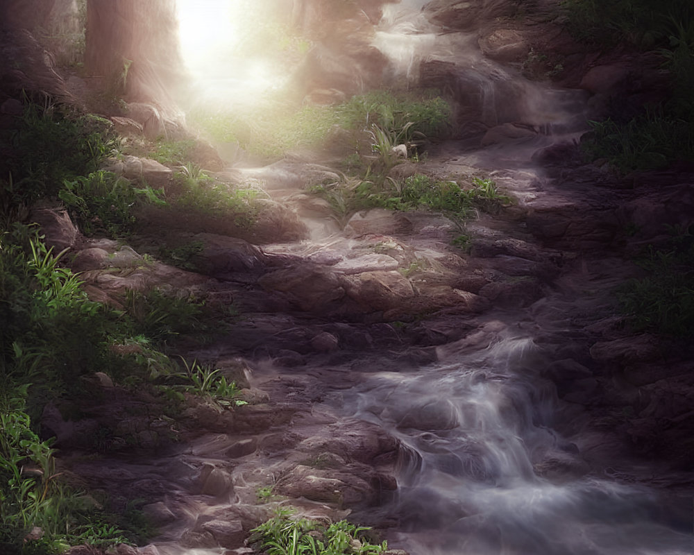 Tranquil forest scene with sunlight, stream, and lush foliage