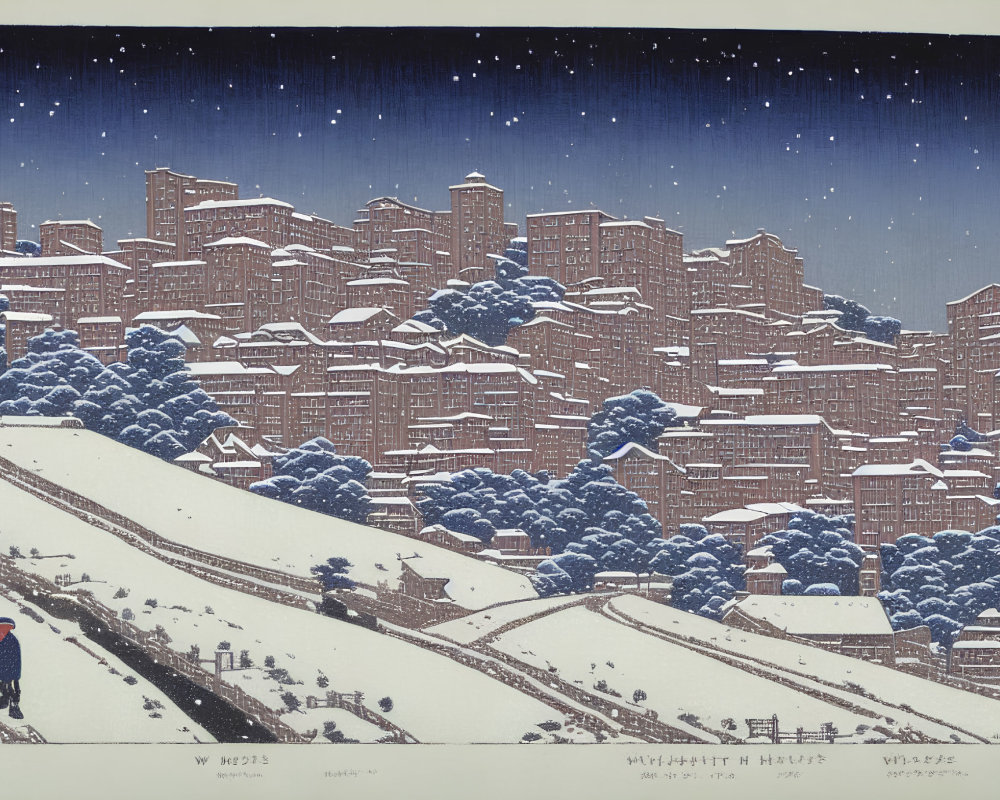 Snowy Urban Night Scene with Person Holding Umbrella - Japanese Woodblock Style