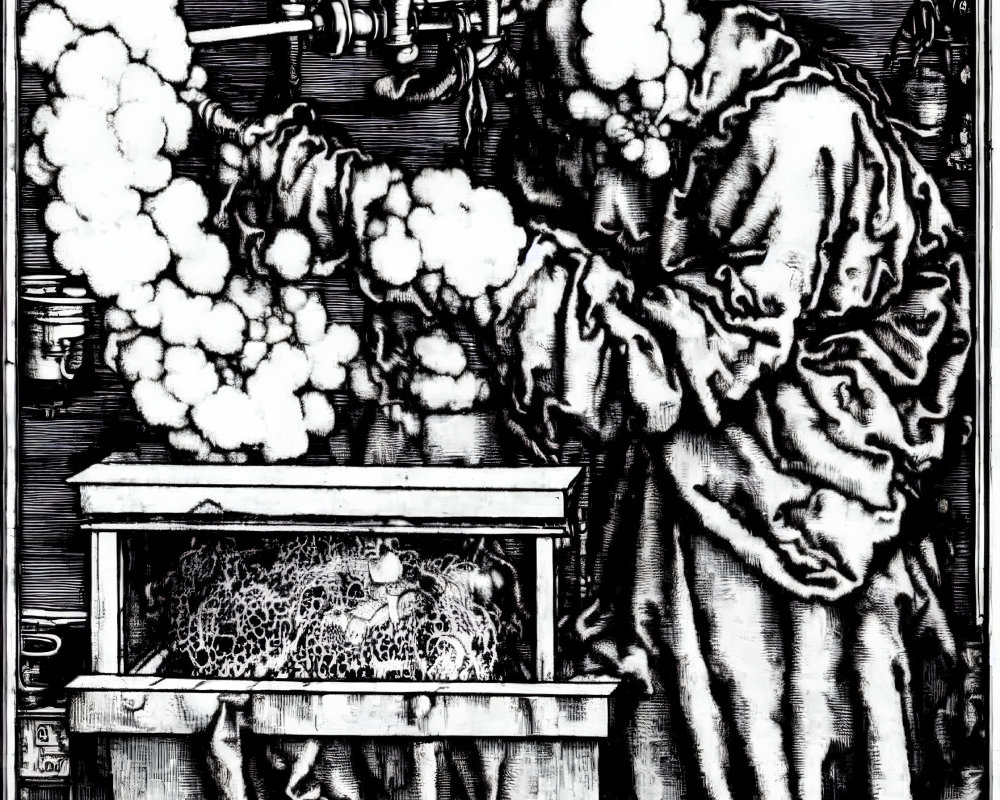 Detailed Engraved Illustration of Person Conducting Experiment with Smoke and Vapor