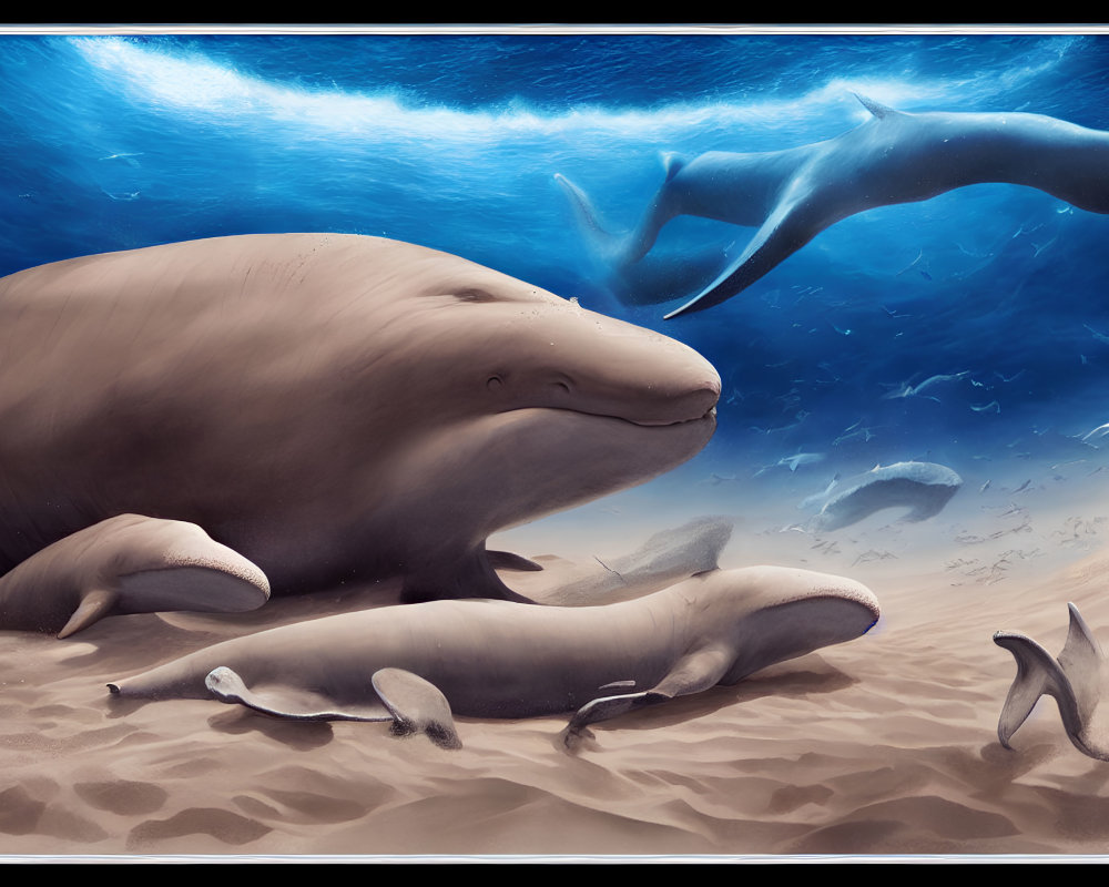 Digital illustration of serene underwater scene with manatee resting and fish swimming.