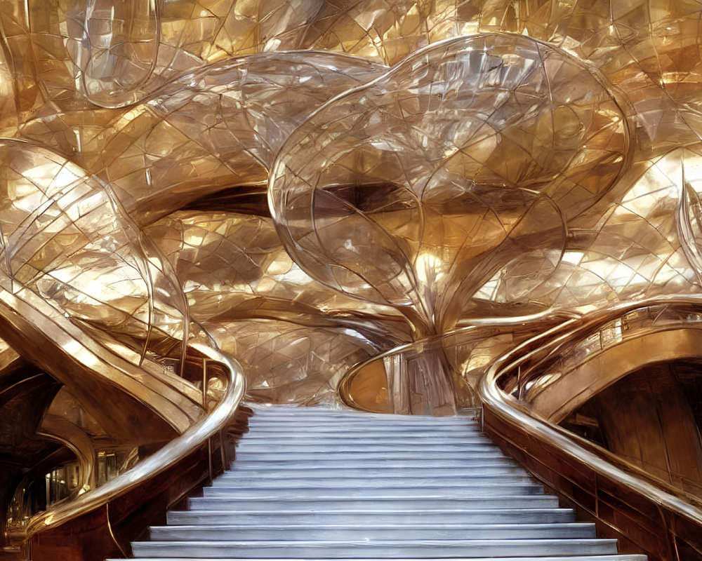 Organic golden tree-like structures in futuristic interior space