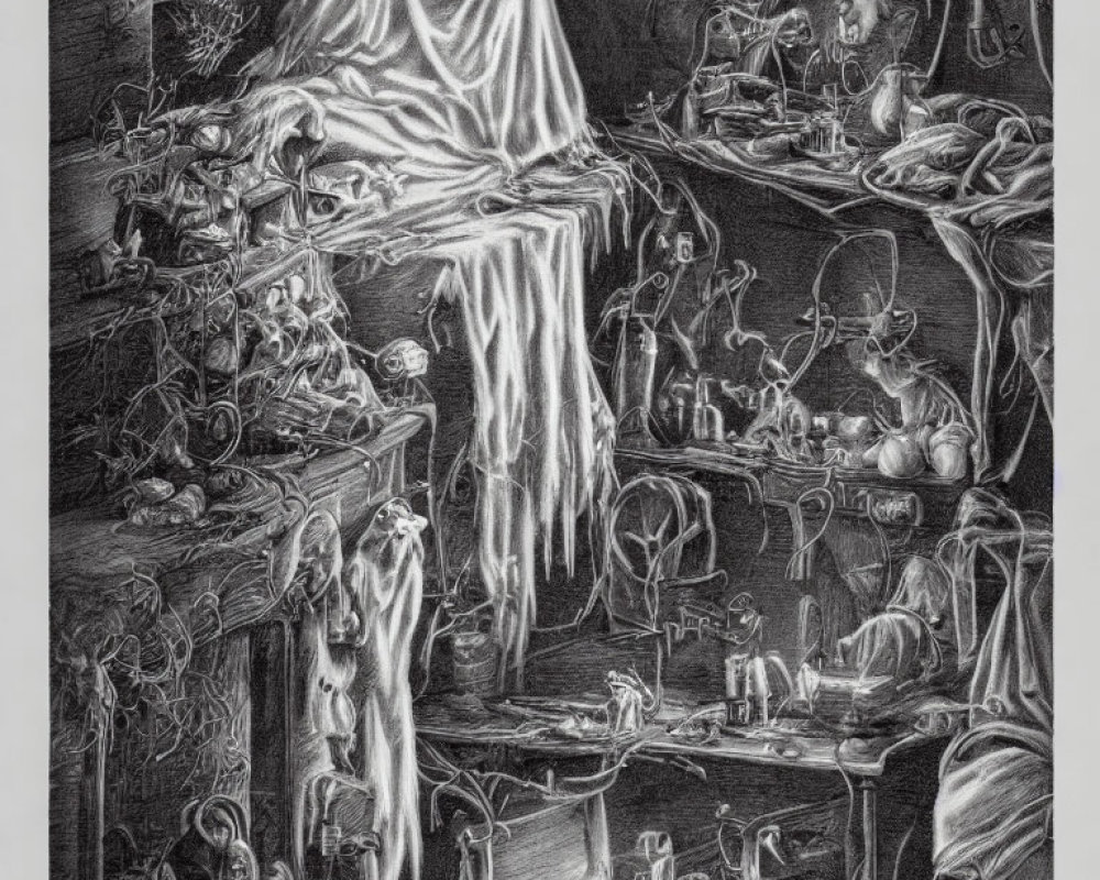 Detailed pencil drawing of ghostly figure in eerie cluttered room