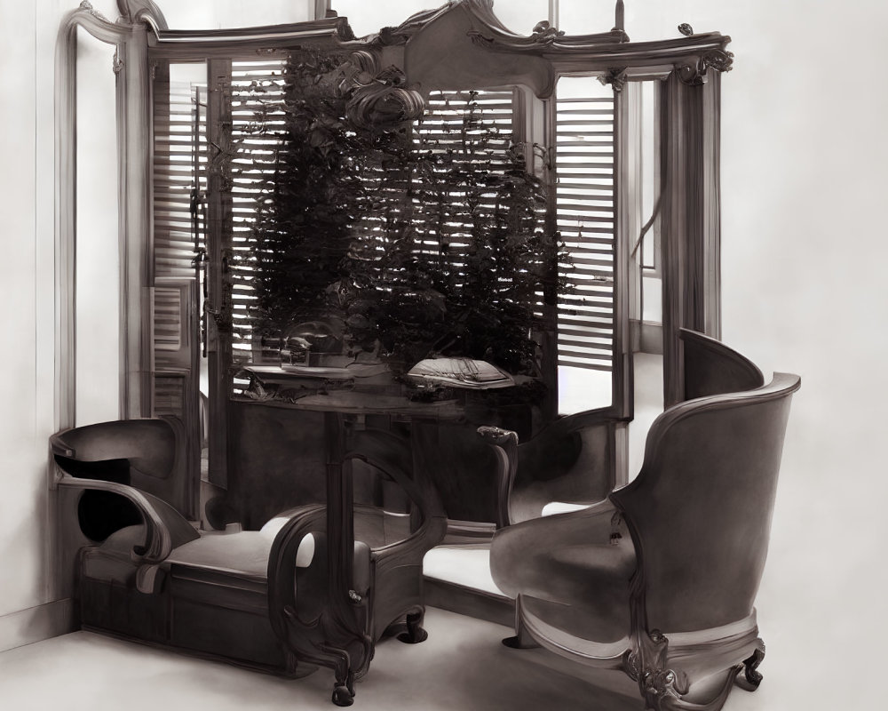 Monochrome vintage interior with ornate furniture and reflective sculpture.