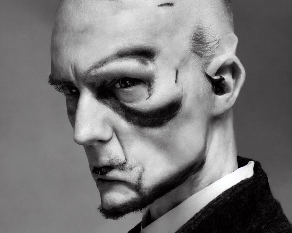 Bald person with theatrical makeup, dark eye makeup, and stitches, wearing dark jacket