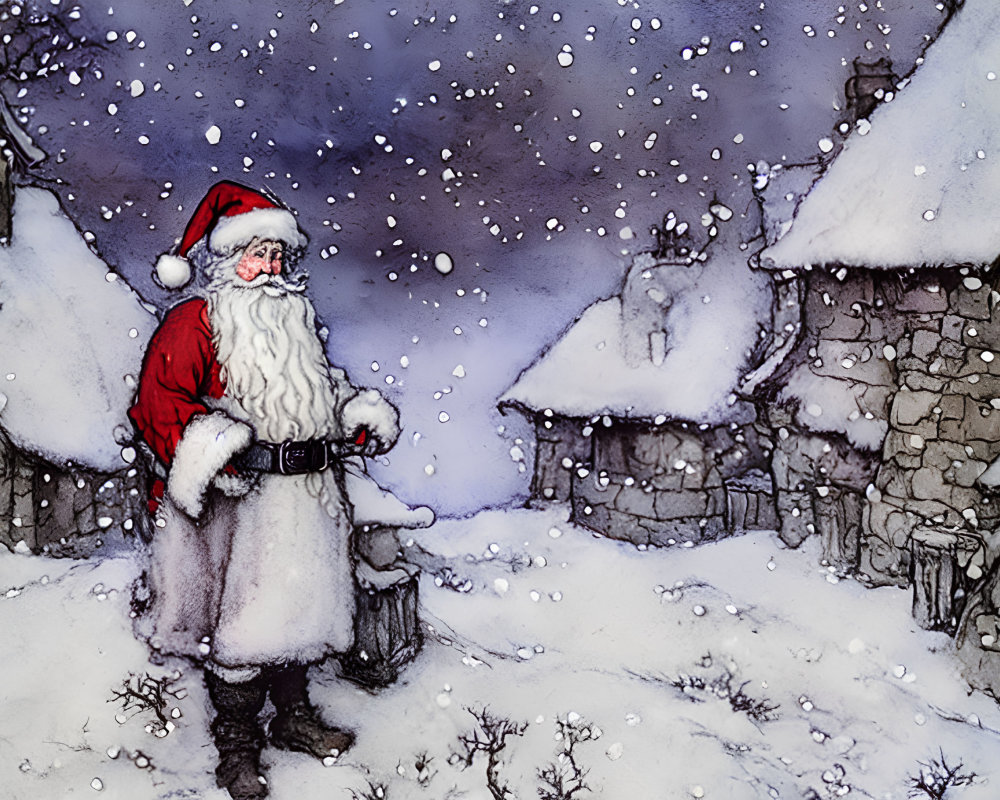 Snowy Village Scene with Santa Claus and Quaint Houses in Hand-Painted Style