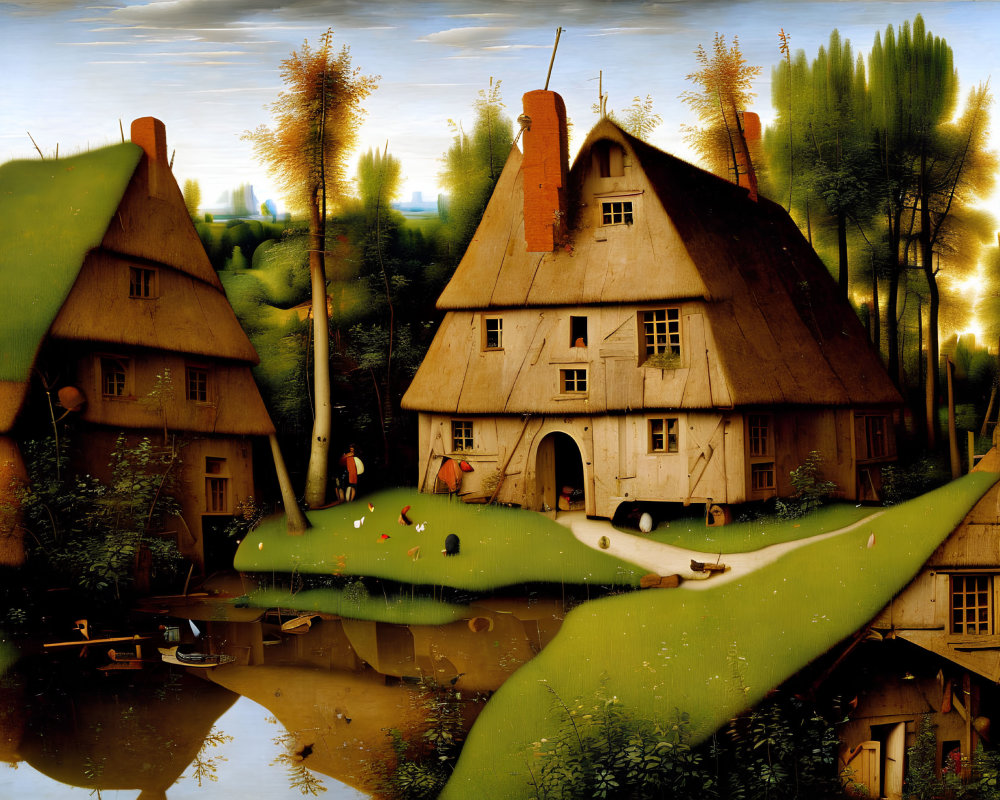 Whimsical village painting with oversized cottages & serene landscape