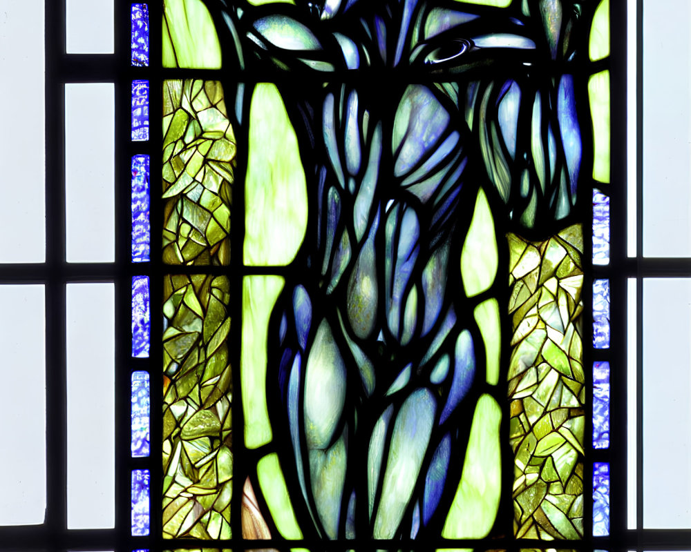 Abstract Human Figure Stained Glass Window in Blue and Green