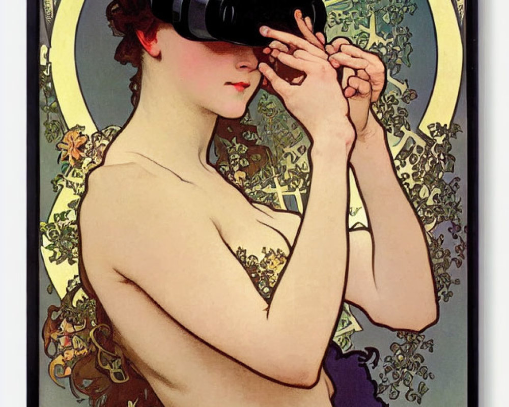 Art Nouveau Woman with Halo and Binoculars in Floral Motifs