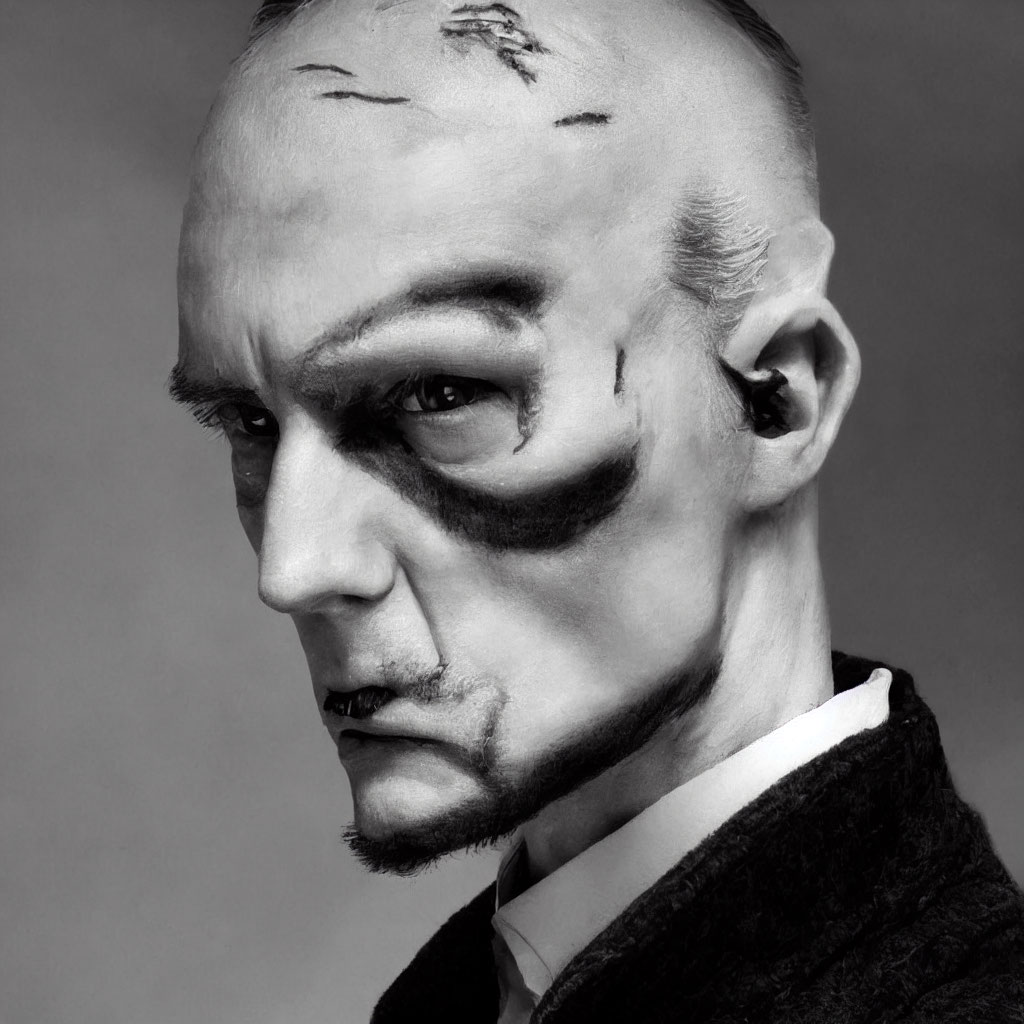 Bald person with theatrical makeup, dark eye makeup, and stitches, wearing dark jacket