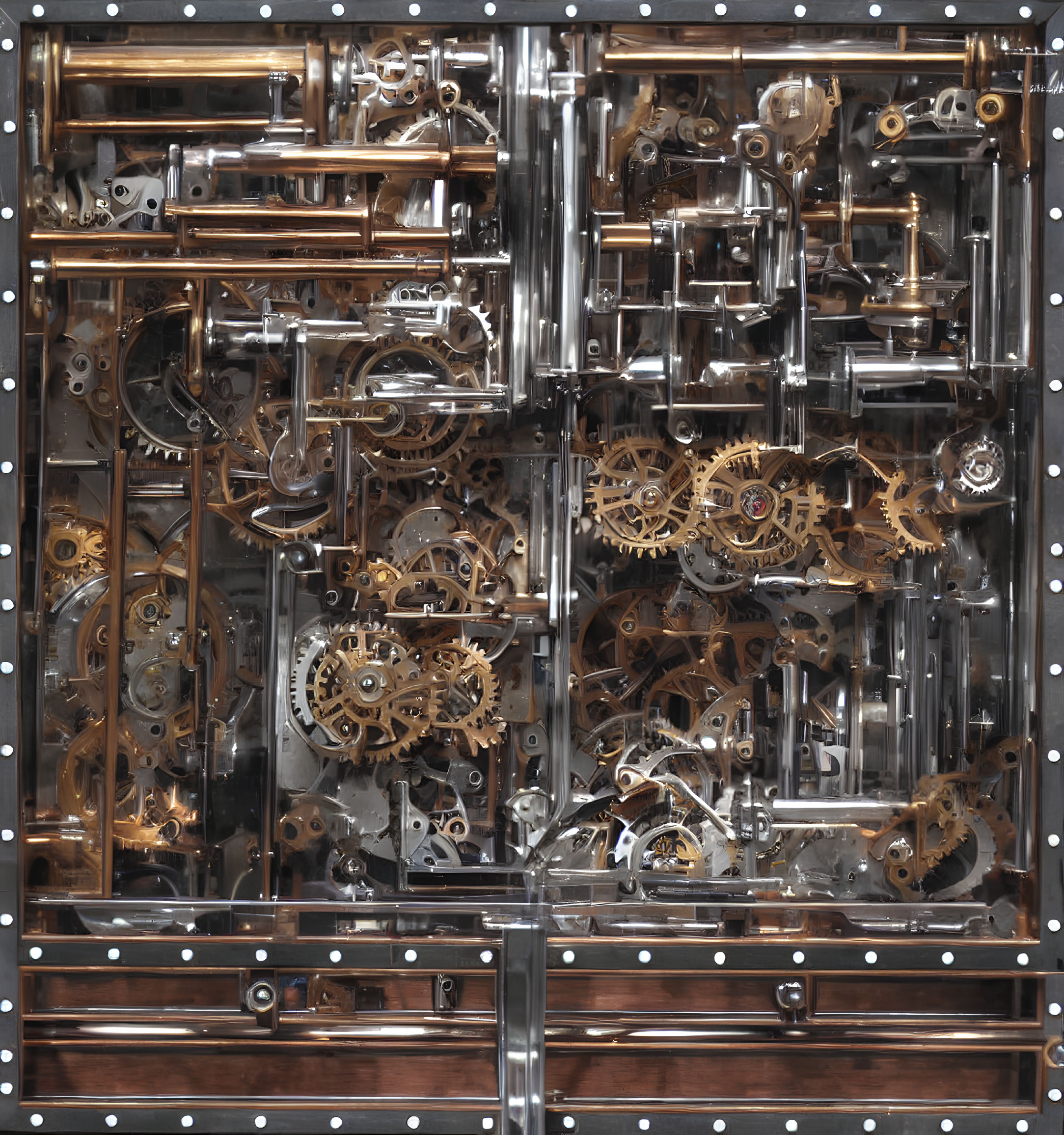 Detailed view of complex mechanical assembly in glass-fronted box