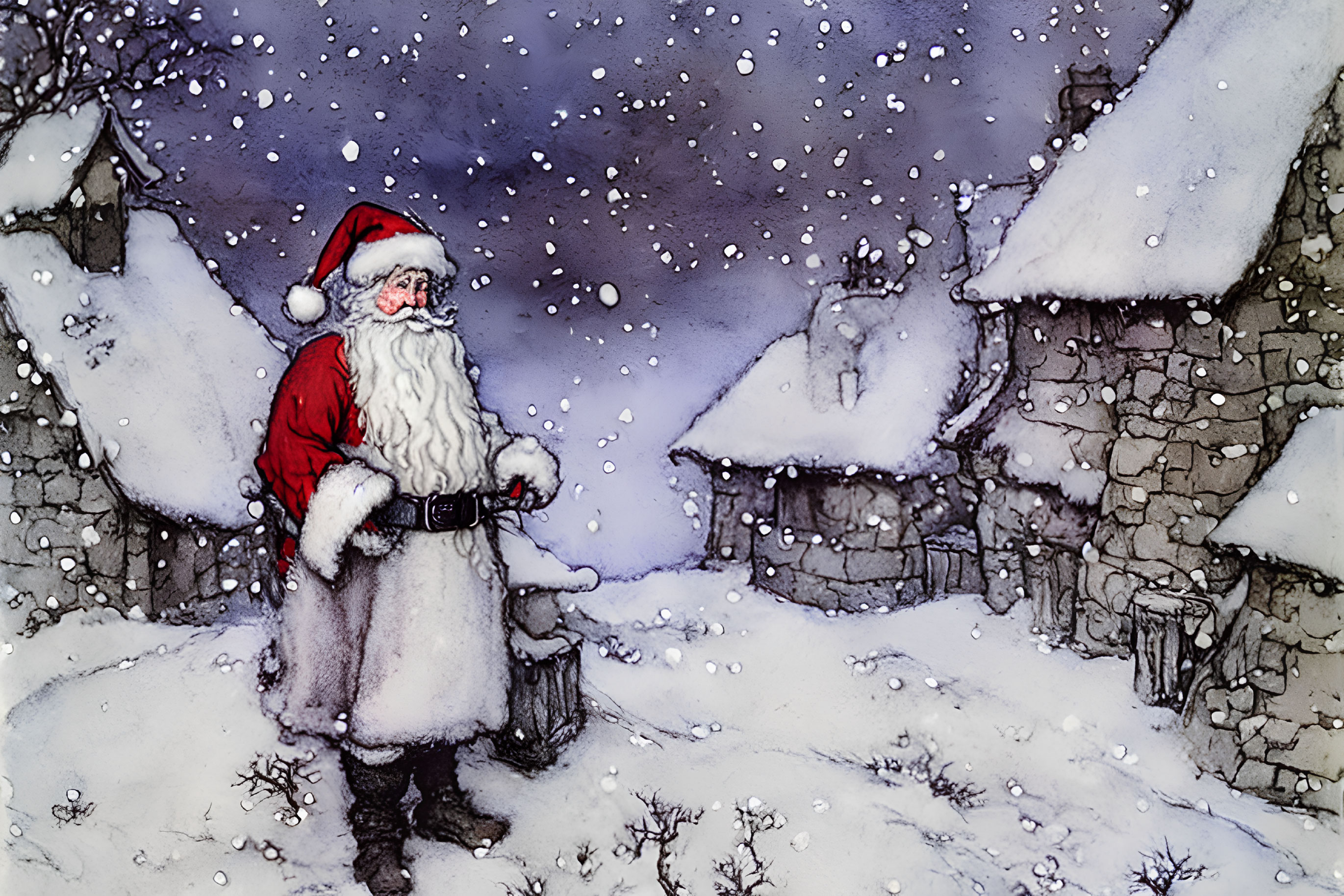 Snowy Village Scene with Santa Claus and Quaint Houses in Hand-Painted Style