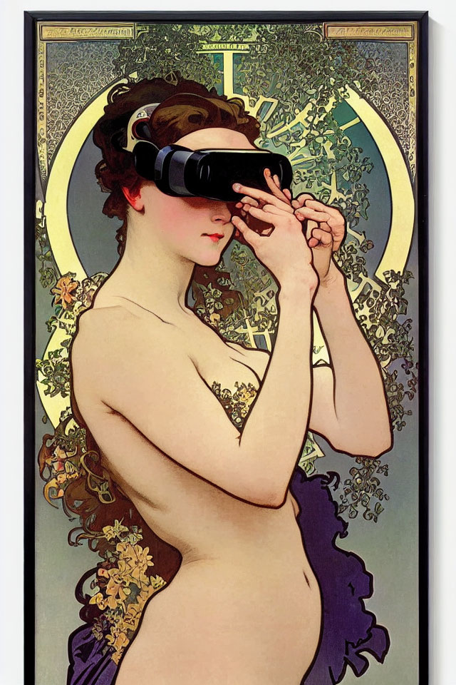 Art Nouveau Woman with Halo and Binoculars in Floral Motifs