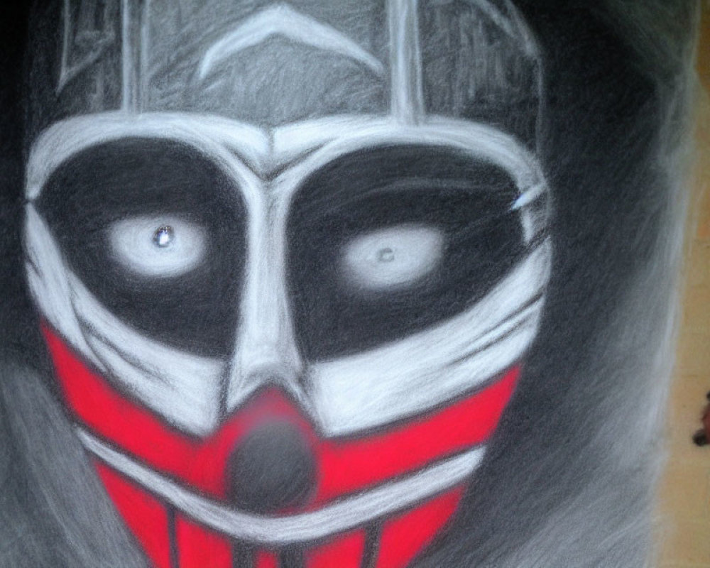 Monochromatic drawing of a menacing mask with red accents and abstract details