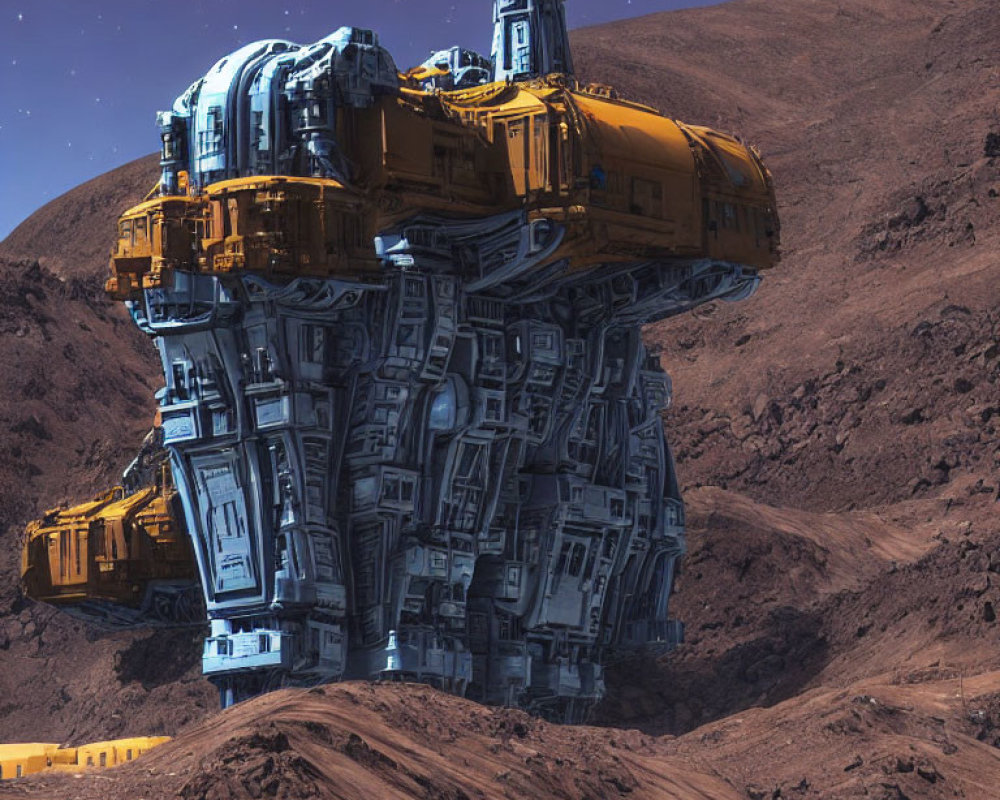 Gigantic yellow and blue futuristic mech on rocky terrain with crescent moon