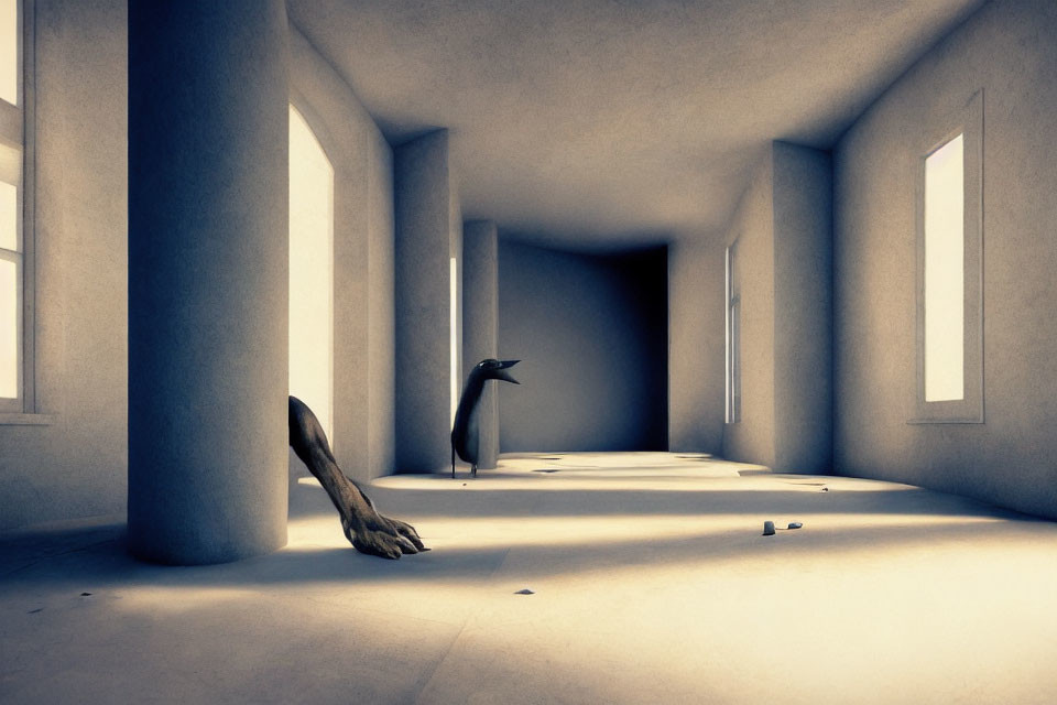 Minimalistic Room with Large Columns and Windows, Penguin and Oversized Hand Sculpture