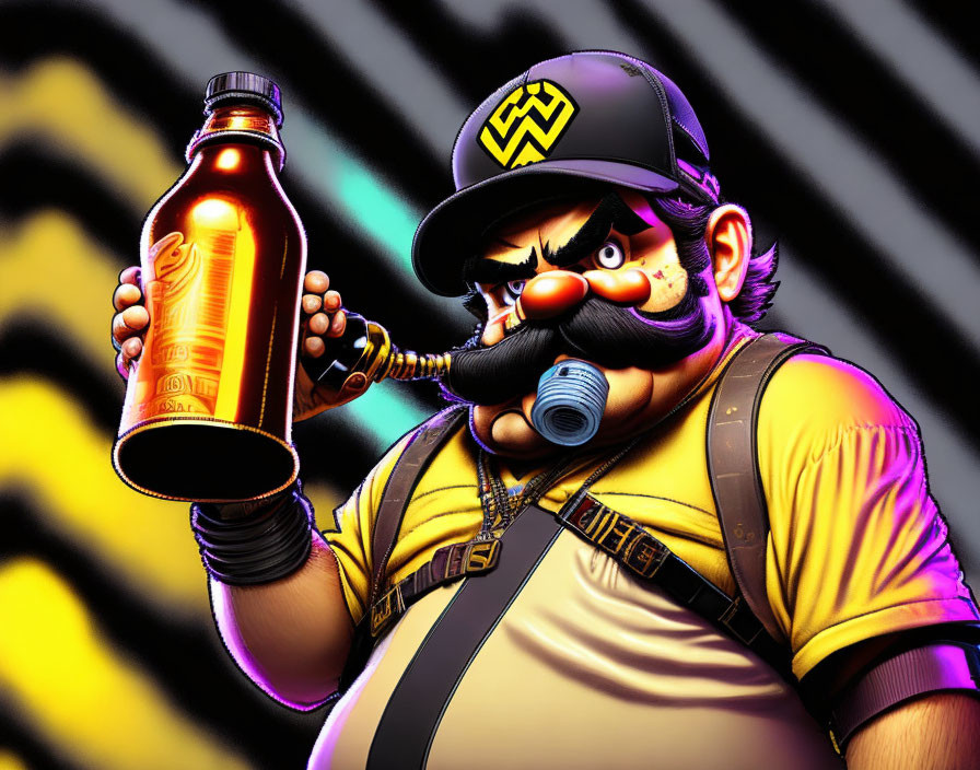 Yellow and purple Wario illustration with bottle on striped background