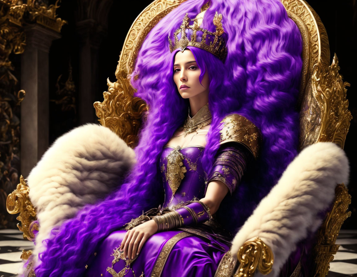 Purple-haired woman in regal attire on throne with golden armor and crown