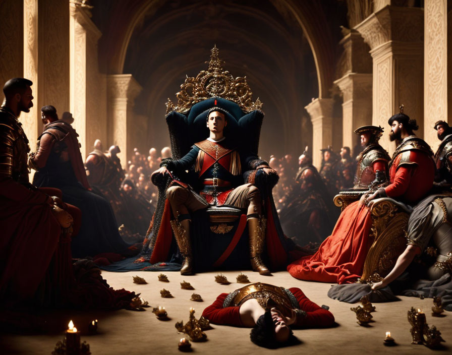 Royal figure on throne in grand hall with people in ceremonial attire.