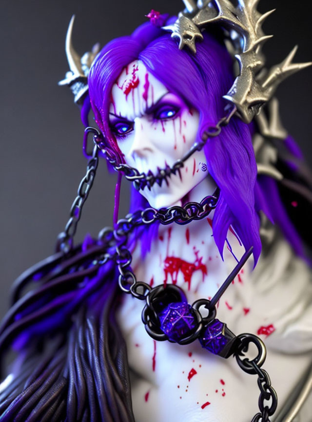 Detailed Fantasy Character Figurine with Purple Hair and Dark Chains