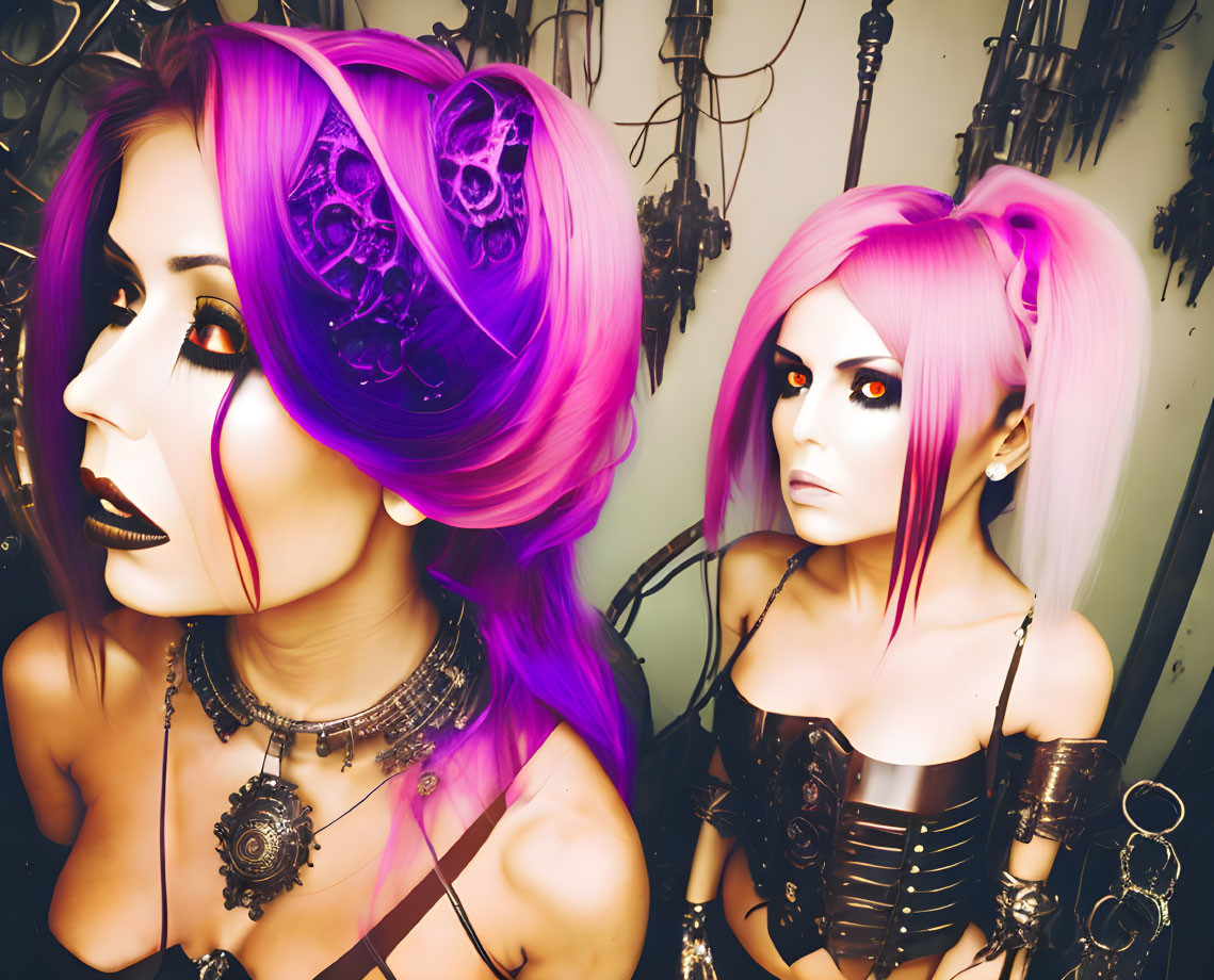 Individuals with vibrant purple and pink hairstyles and gothic makeup.