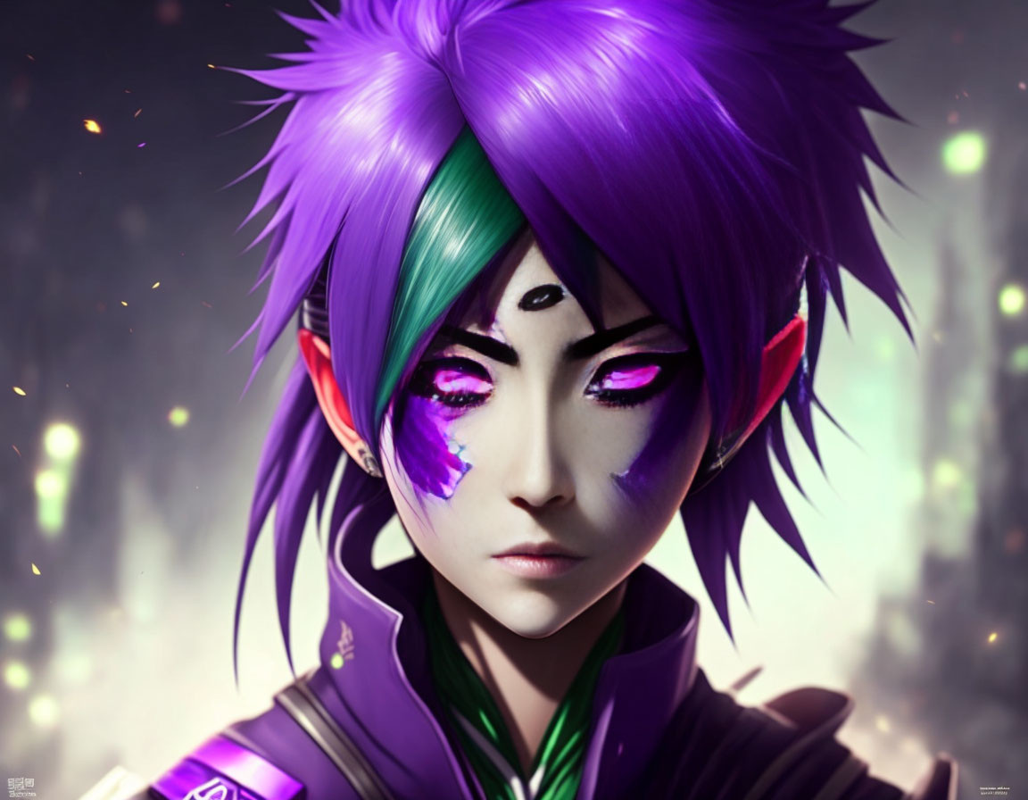 Character with Purple Hair and Eyes in Green Outfit on Bokeh Background