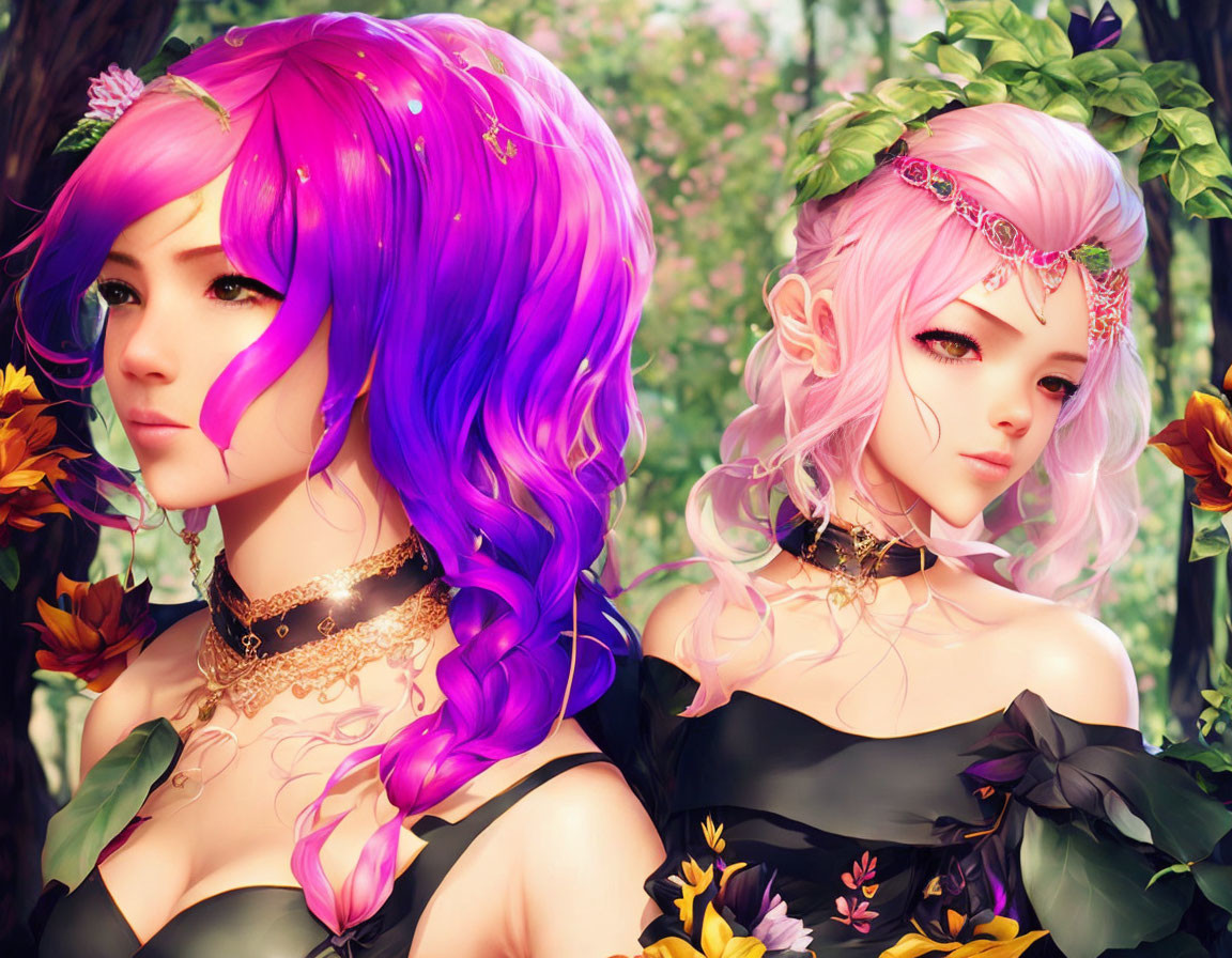 Vibrant pink and purple haired animated characters in elegant black dresses