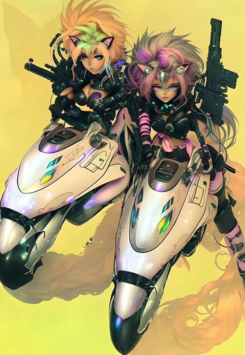 Futuristic animated characters on motorcycles with cat-like features