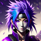 Character with Purple Hair and Eyes in Green Outfit on Bokeh Background