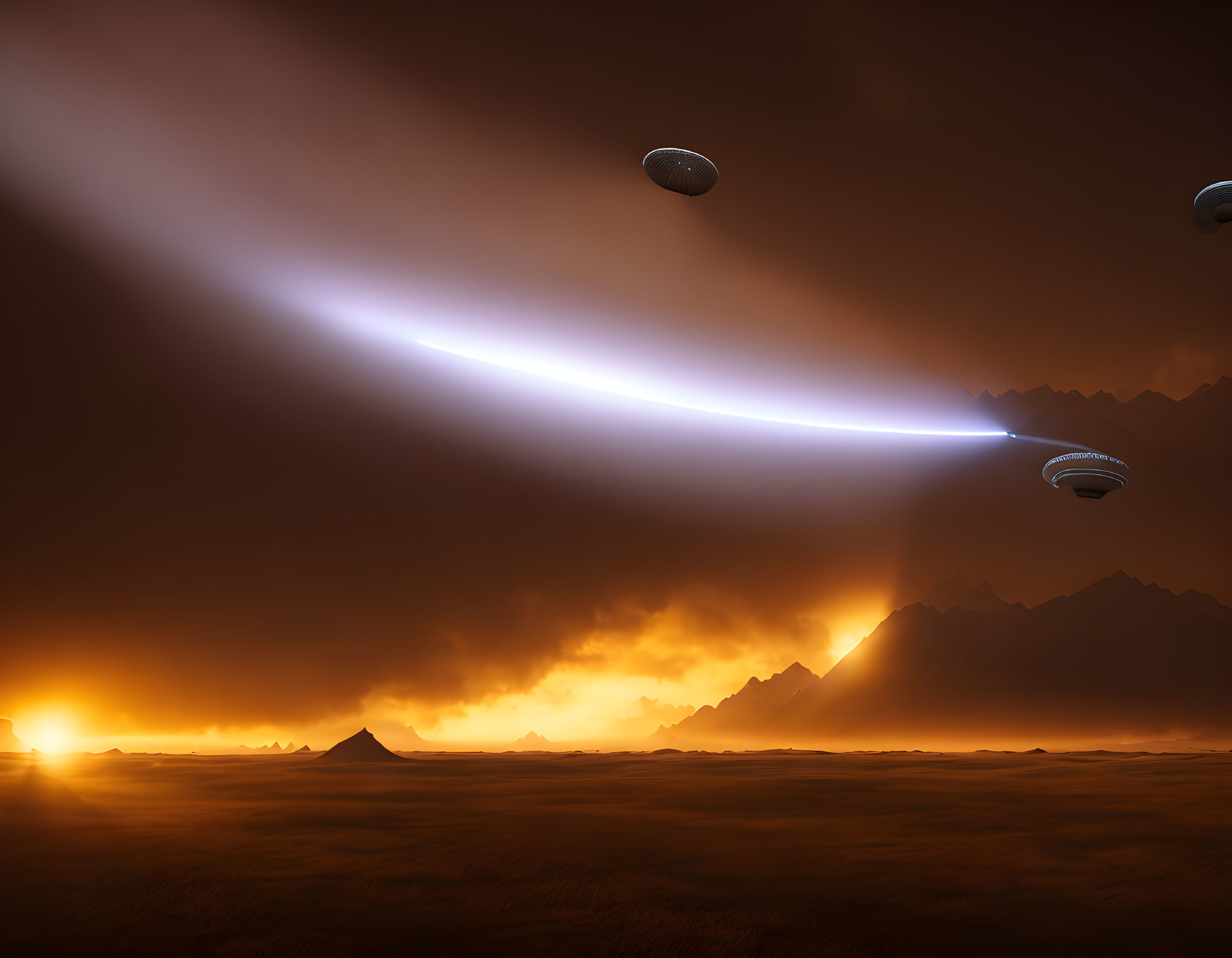 Sci-fi landscape with UFOs and fiery mountains under glowing sky