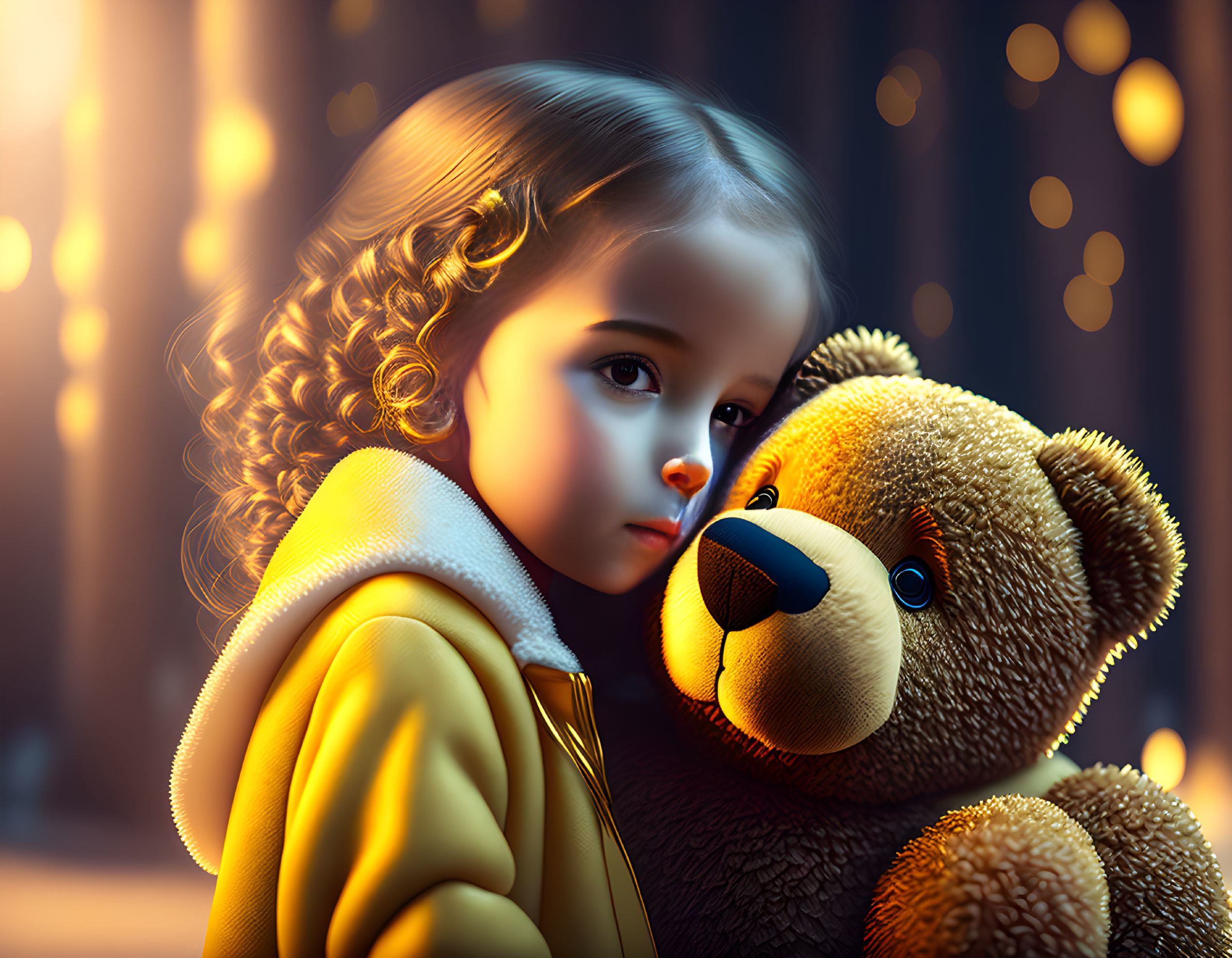 Young girl in yellow coat with teddy bear in warm ambiance