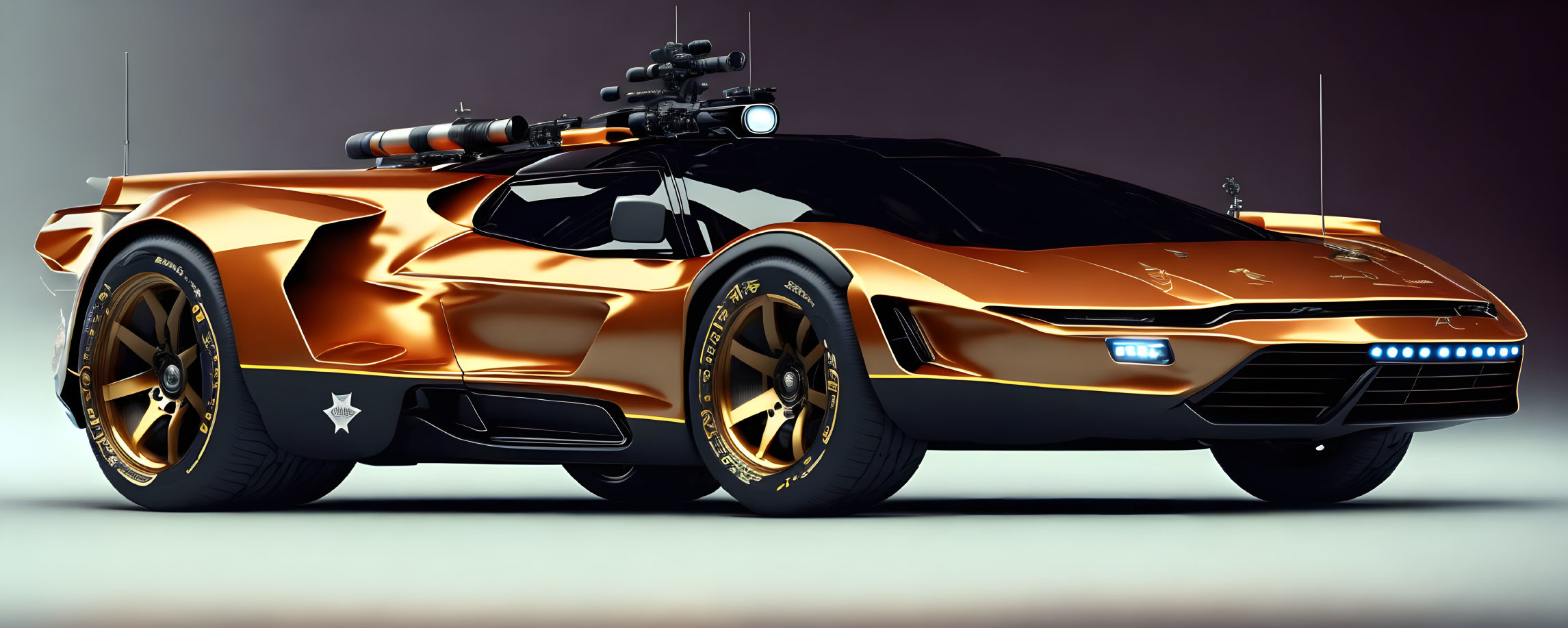 Futuristic Gold Sports Car with Advanced Weaponry and Aerodynamic Design