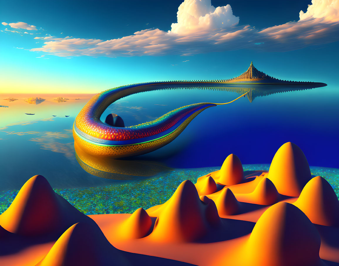 Surreal landscape with vibrant floating creature above orange dunes