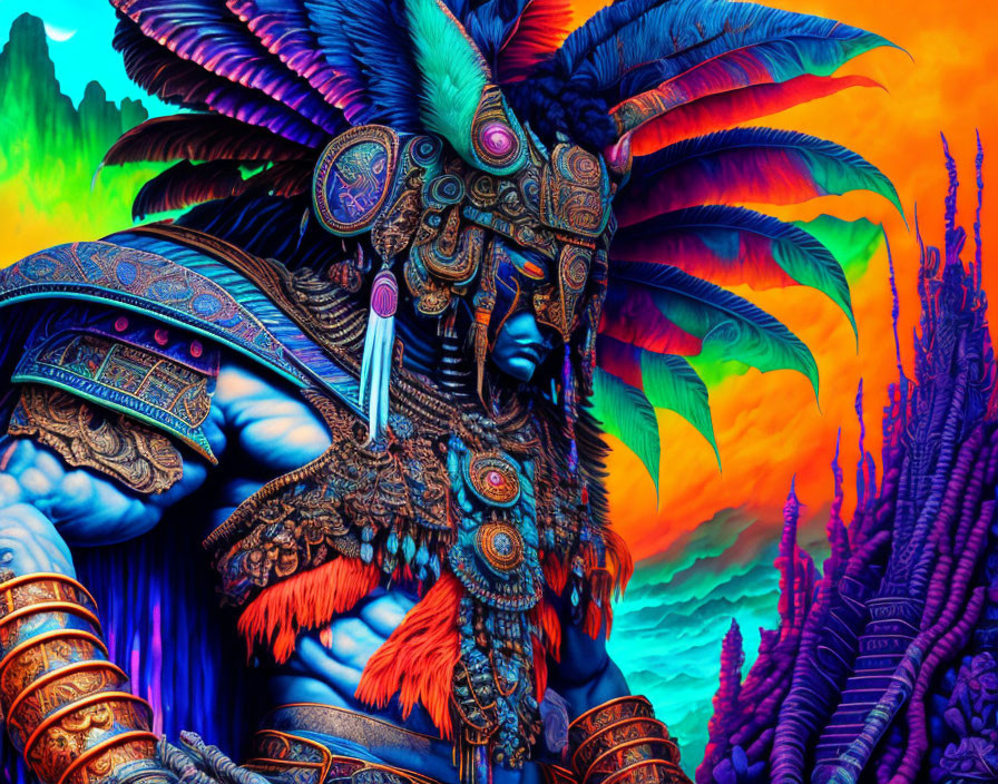 Colorful Aztec-inspired warrior in surreal landscape