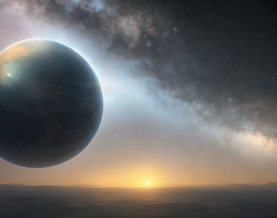 Large planet rises above rocky landscape with distant sun and starry nebula.