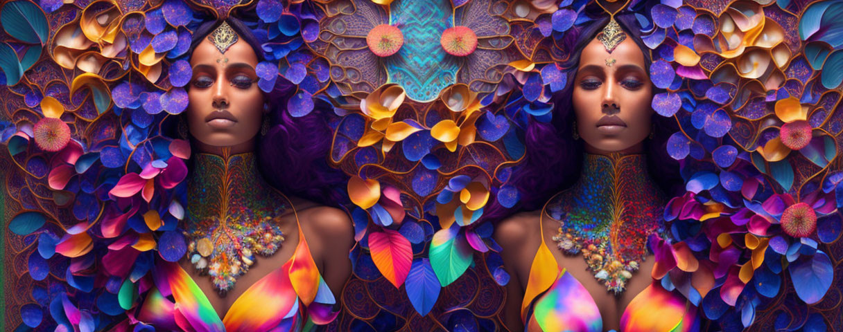 Symmetrical image of woman with colorful flowers and intricate jewelry